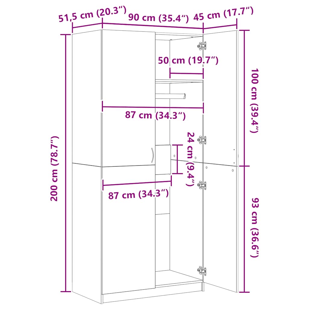 Wardrobe Black 90x52x200 cm Engineered Wood